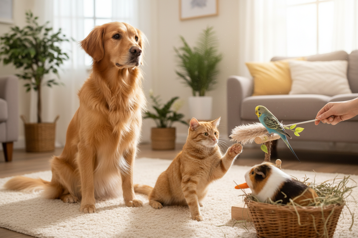 live image of dog, cat, small bird, guinea pig