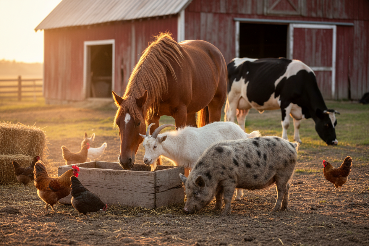 live image of horse, goat, pig, chicken, cow together